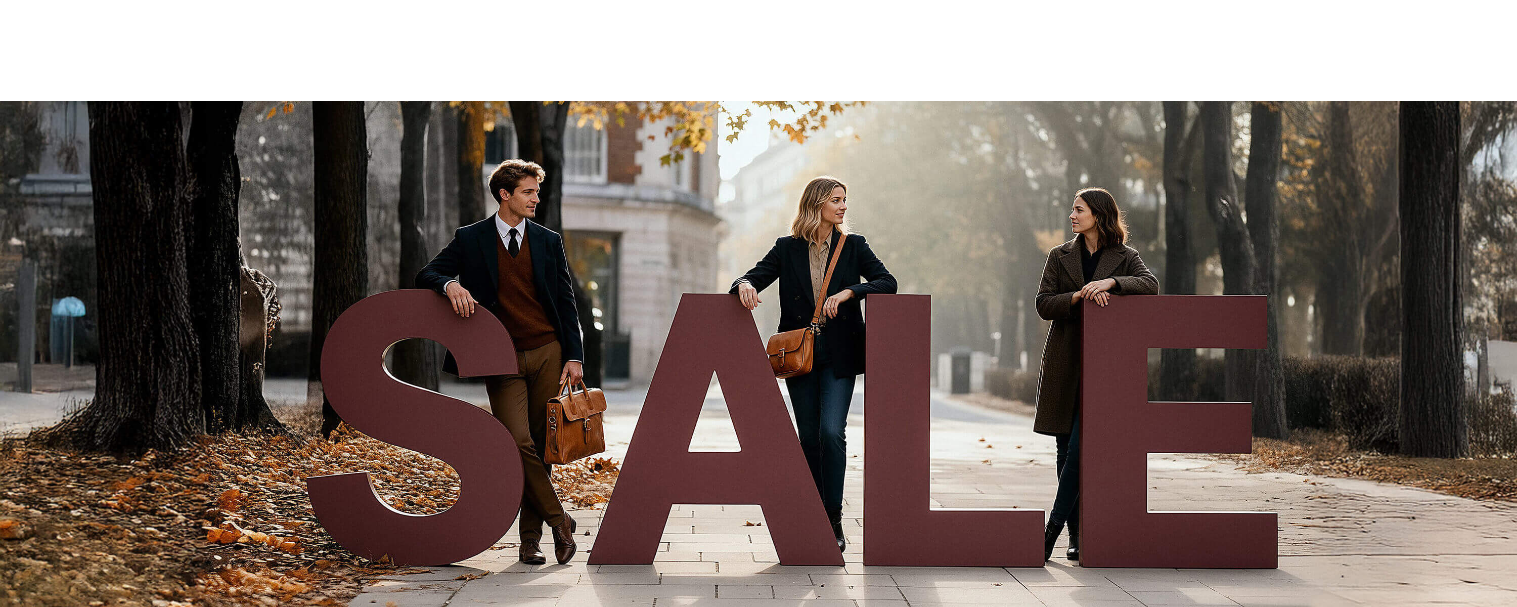 Drei Models mit Schultertasche aus Leder und Aktentasche aus Leder - günstige Angebote