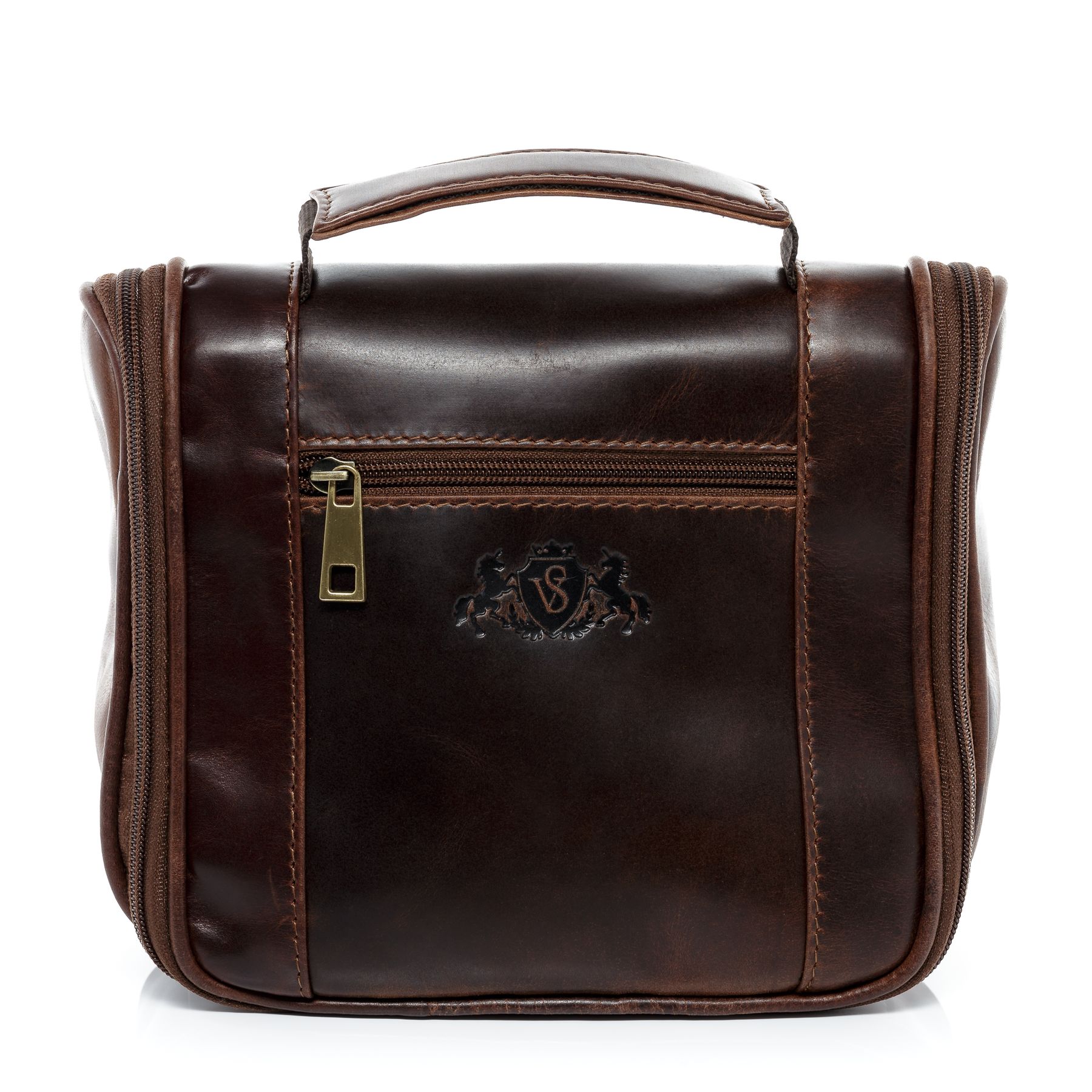 P&P Kulturtasche Aus Polyester – Schwarz-Braun Mit Zierschnalle – 3 Innenfächer, Ca. 29 X 20 X 10 Cm