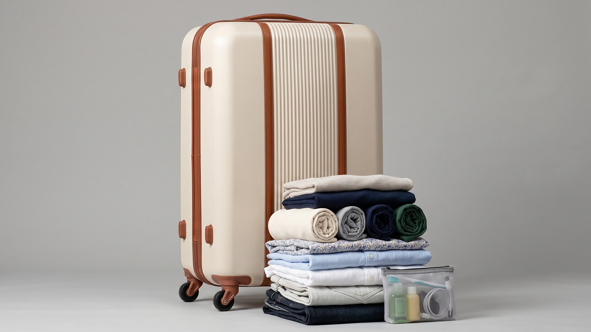 Ein Reisekoffer mit verschiedenen Klamotten und Reiseutensilien
