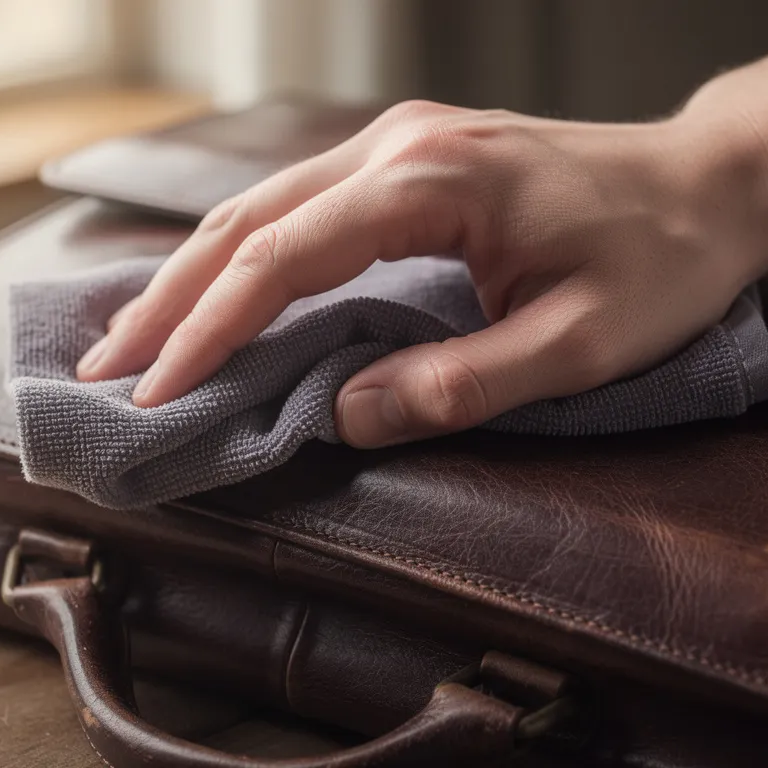 Eine Nahaufnahme zeigt eine Hand, die behutsam ein Pflegetuch über eine elegante Lederaktentasche führt.