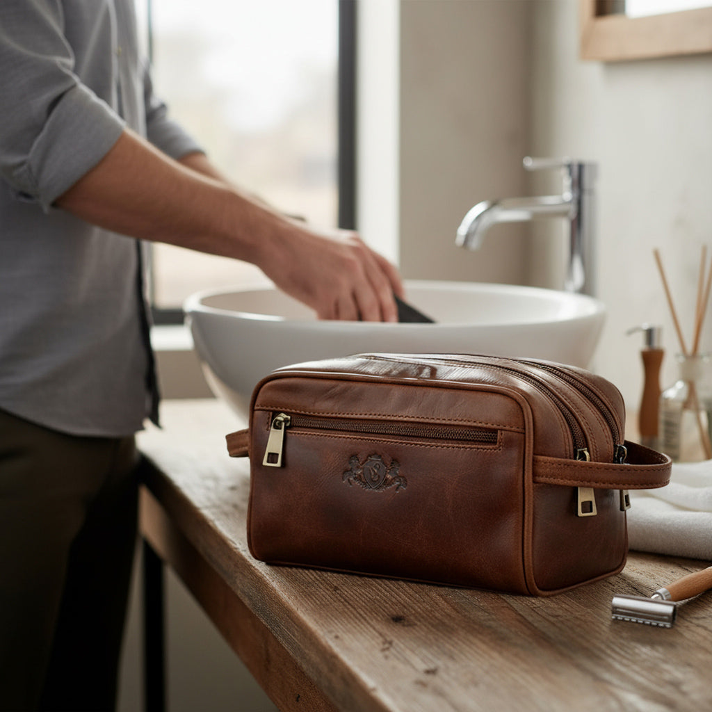 Ein Mann im Badezimmer mit einer schönen Kulturtasche aus Leder