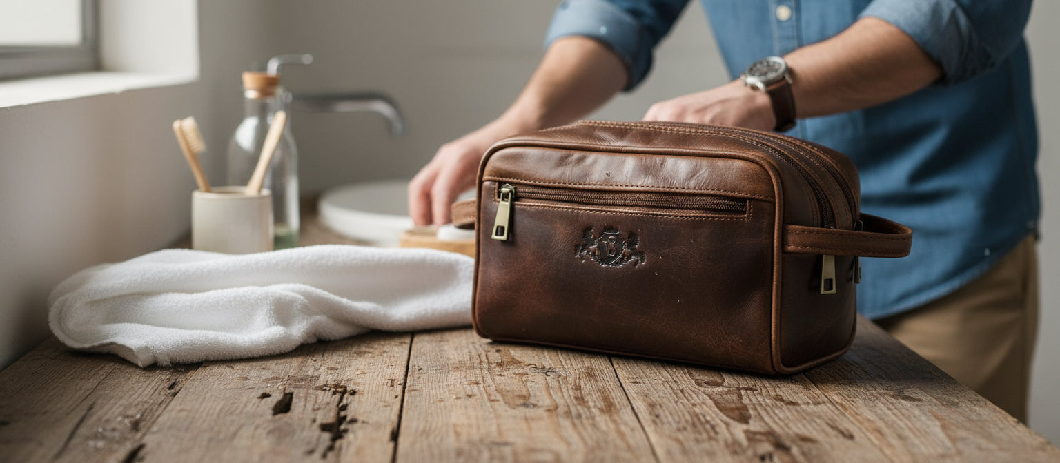 Ein Mann im Badezimmer mit einer schönen Kulturtasche aus Leder