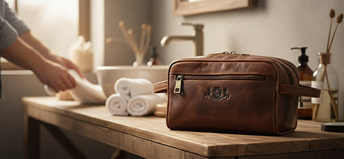 Ein Kulturbeutel für Herren in einem Badezimmer aus Leder