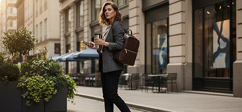 Eine junge Frau mit Laptoprucksack aus Leder in Berlin