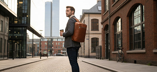 Ein erfolgreicher Mann mit Laptoprucksack aus braunem Leder in Frankfurt