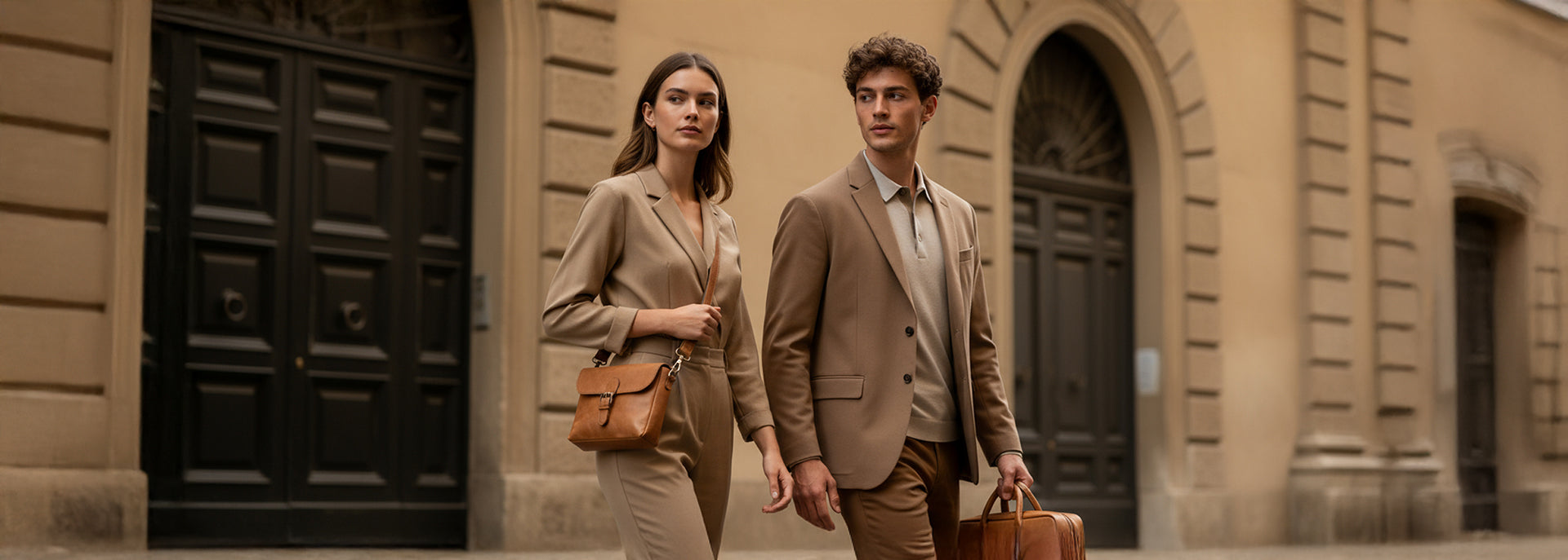 Elegantes Paar mit Ledertaschen  für Herren und Damen. Sie sind in in Rom