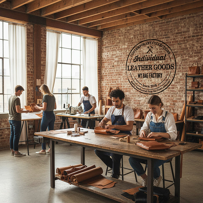 Team arbeitet an Taschen in schönem Atelier in handarbeit aus echtem Leder