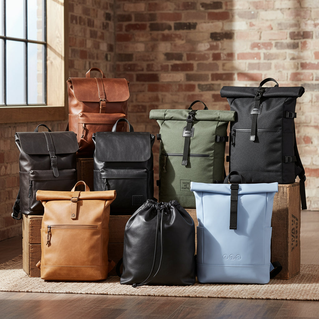 Alle Rucksack Arten auf einem Bild, von Rolltop bis daypack