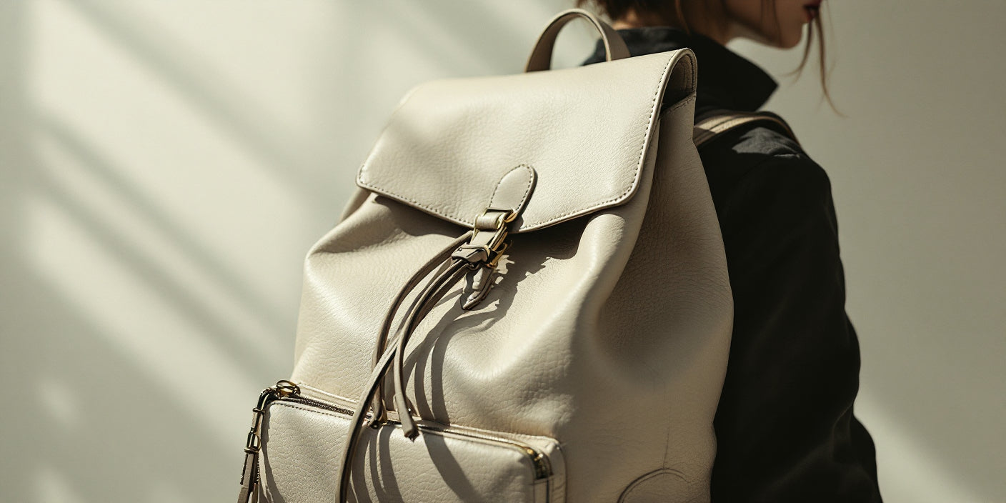 Eine Frau mit einem beigen Daypack