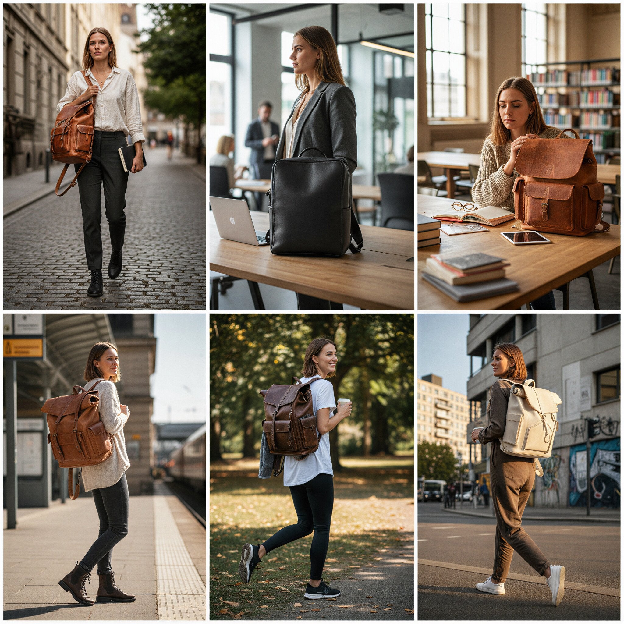 Eine junge Frau welche alle Einsatzbereichen von Lederrucksäcken zeigt. Es sind 6 verschiedene Rucksäcke in verschiedenen Lebenssituationen zu sehen