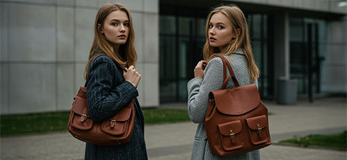 Zwei junge Studentinnen mit Uni-Rucksäcken in Oxford auf dem Campus