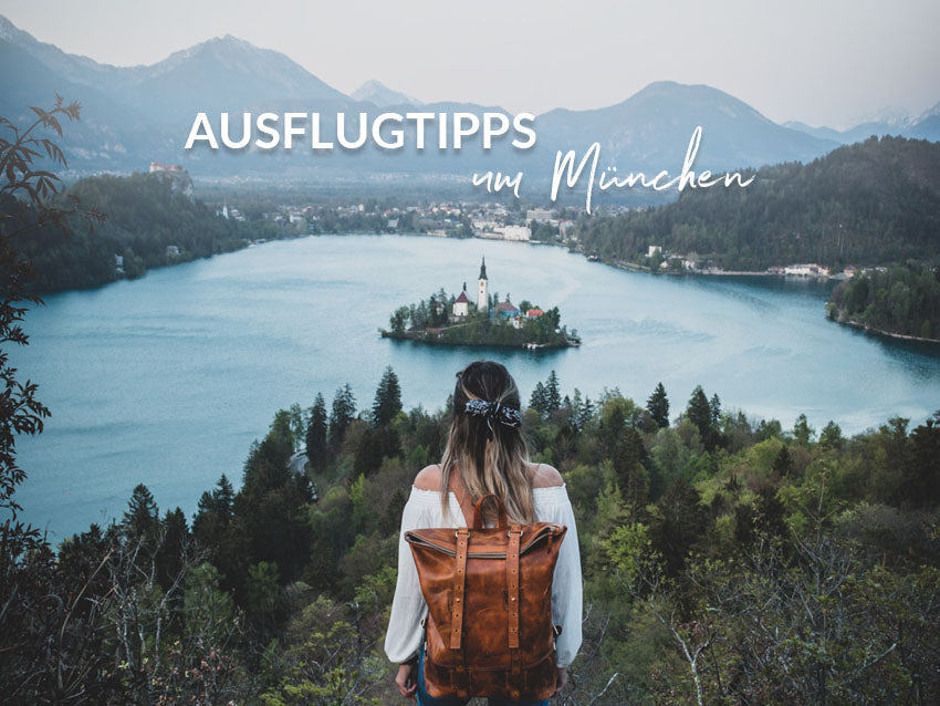 Frau vor einem See mit den Worten "Ausflugtipps m München" im Hintergrund
