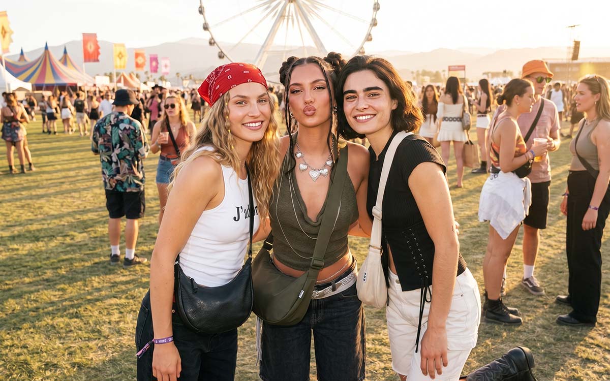 Festival 2026 Bild von 3 Frauen mit jeweils einer Schultertasche aus echtem Leder oder wasserabweisenden Polyester