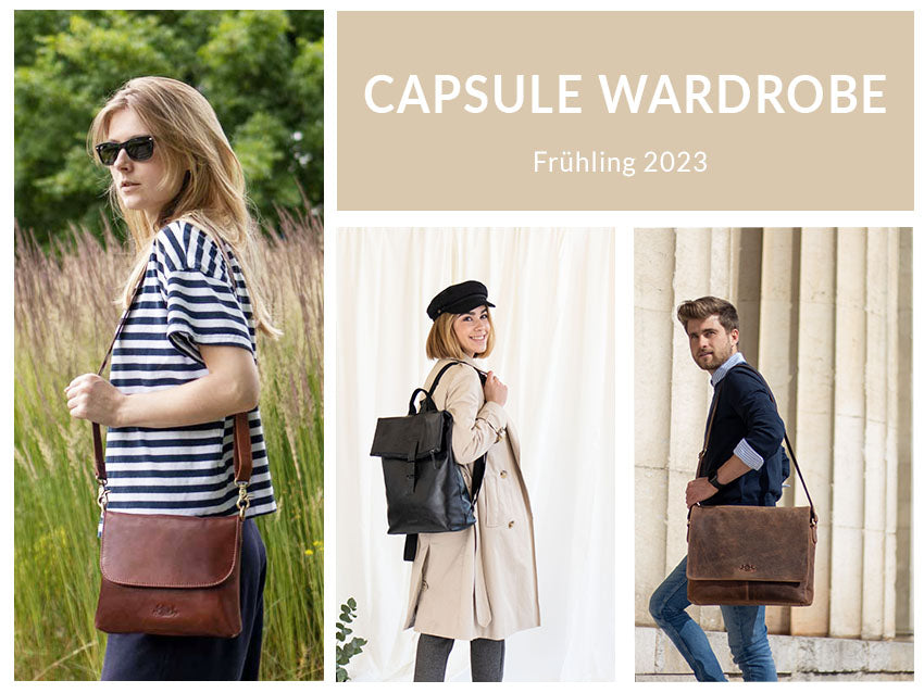 Collage mehrerer Personen mit Ledertaschen und dem Header Text "Capsule Wardrobe Frühling 2023"
