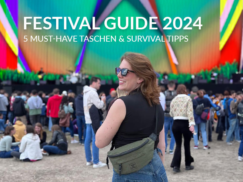 Frau auf einem Festival mit früner Umhängetasche und den Worten "Festival Guide 2024, 5 Must Have Taschen & Survival Tipps" im Hintergrund