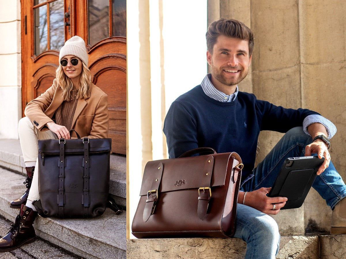 Collage einer Frau und eines Mannes, mit Ledertaschen und Rucksäcken