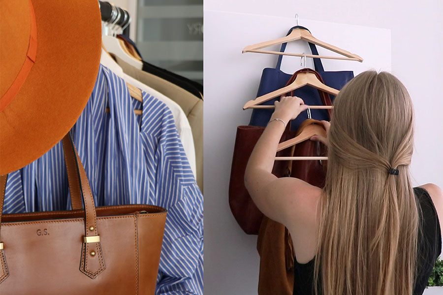 Frau hängt auf kreative Weise ihre Taschen auf 