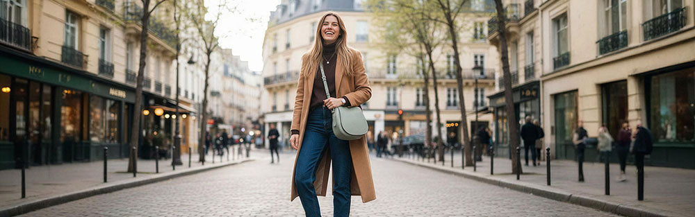 Leder Schultertasche in Salbei an Frau in der Stadt