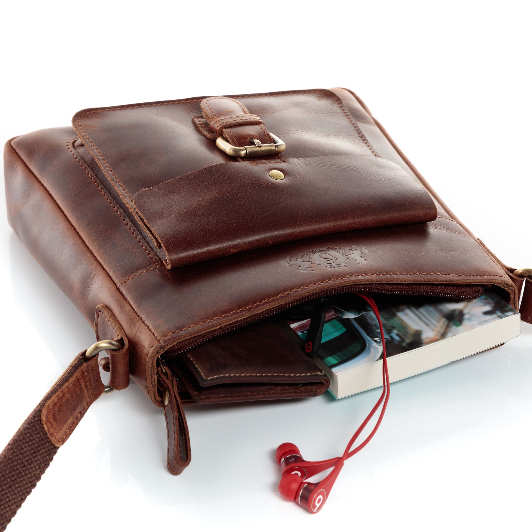 SID & VAIN Schultertasche Leder & Umhängetasche Leder klein YALE braun-cognac 10663