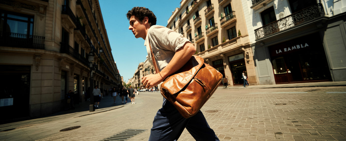 Mann mit Leder Arbeitstasche in Barcelona