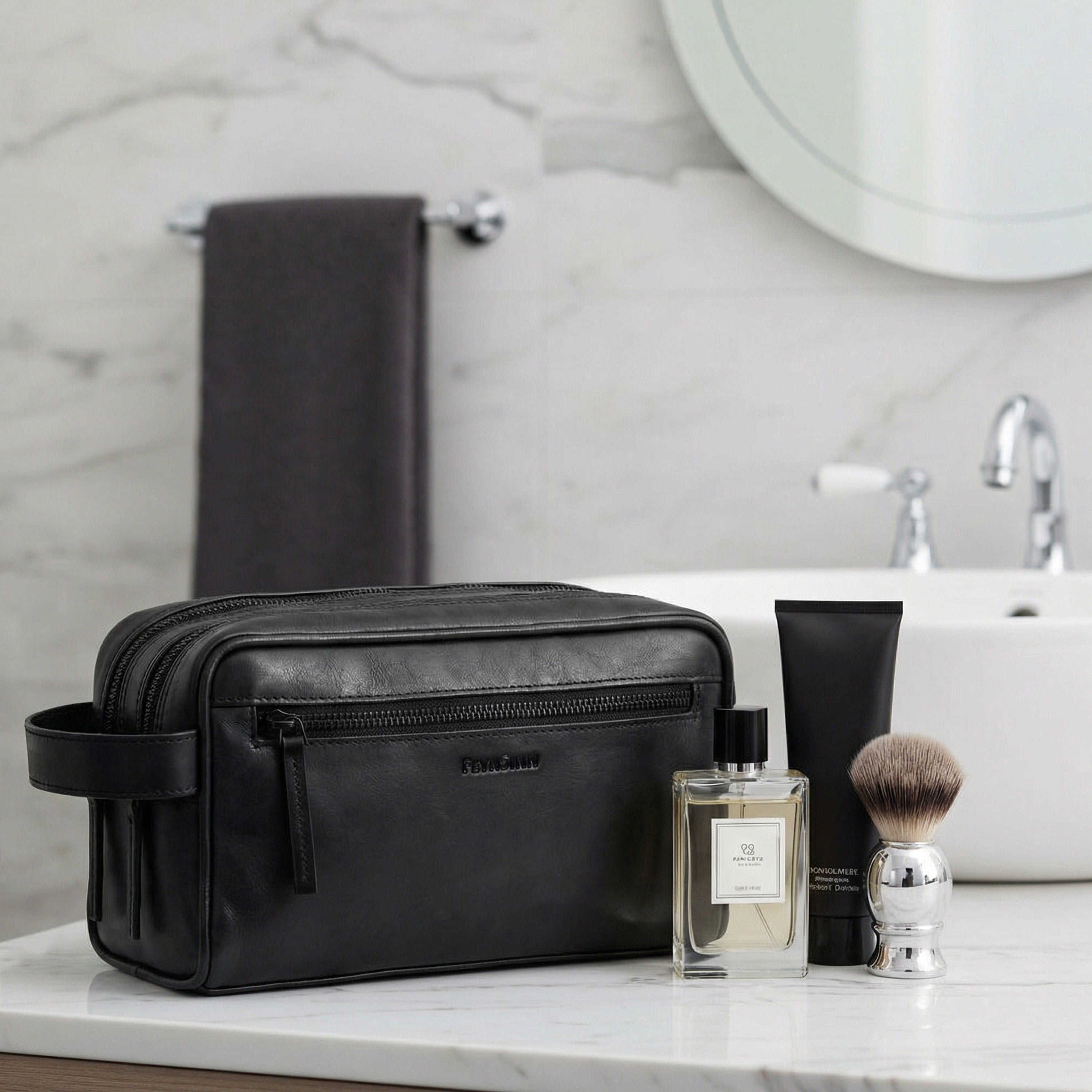 Men's toiletries bag black leather FRIIS Toiletries bag