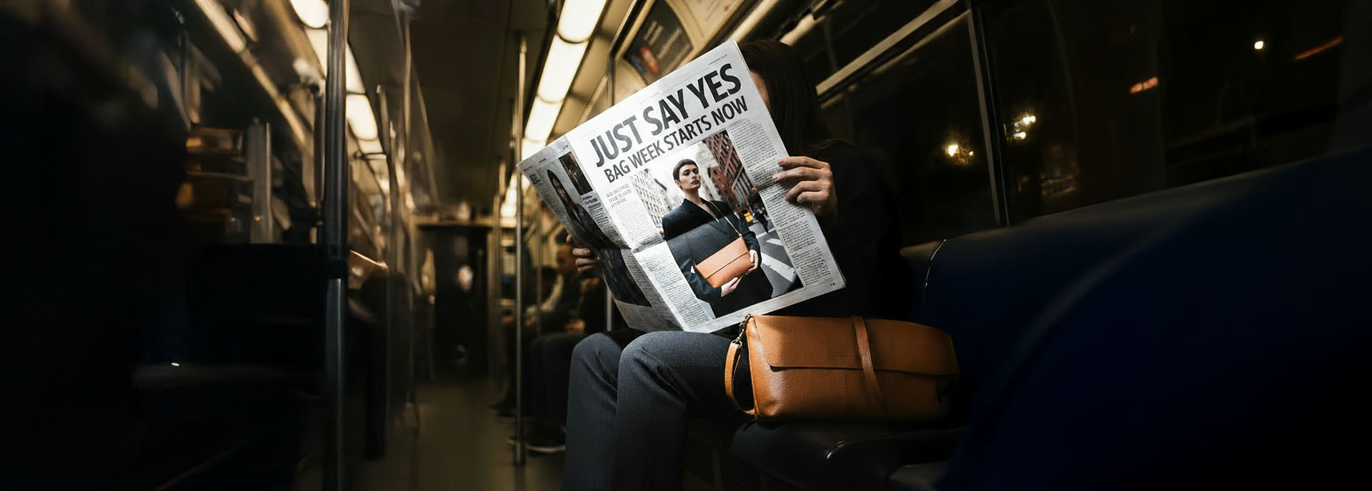 Frau in U-Bahn mit einer Zeitung auf der Bag Week startet bald steht. Neben ihr ist eine braune Ledertasche