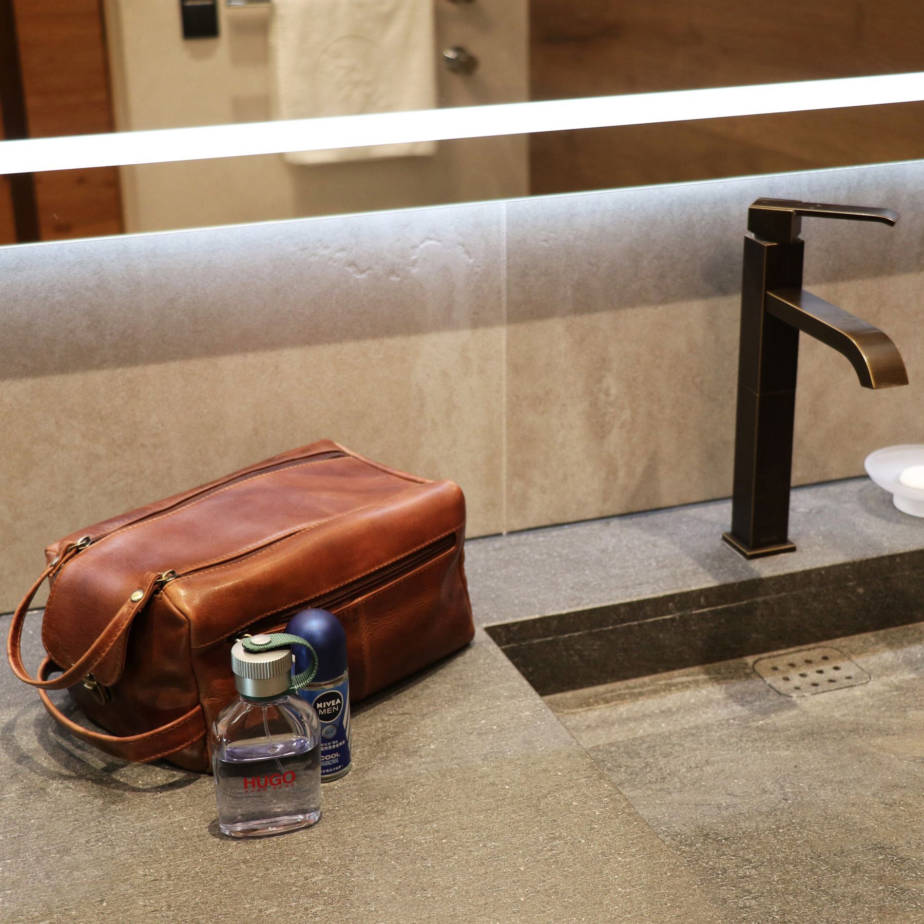 FERGÉ Kulturtasche Leder PARIS braun Kulturbeutel 48153