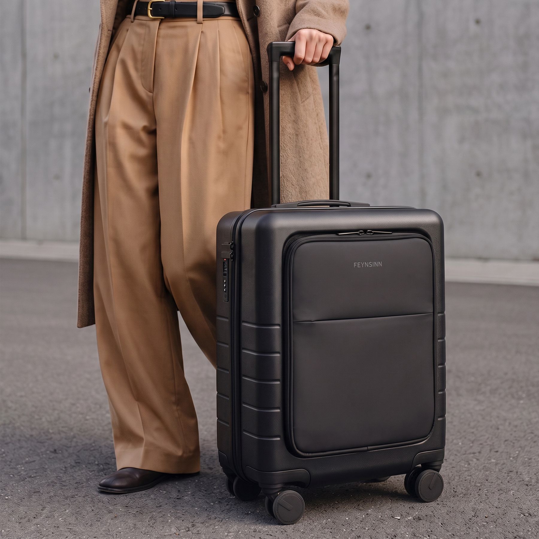FEYNSINN Handbagagekoffer RYKER met voorvak zwart beige olijfgroen Reiskoffer Cabine trolley Harde schaal 4 wielen