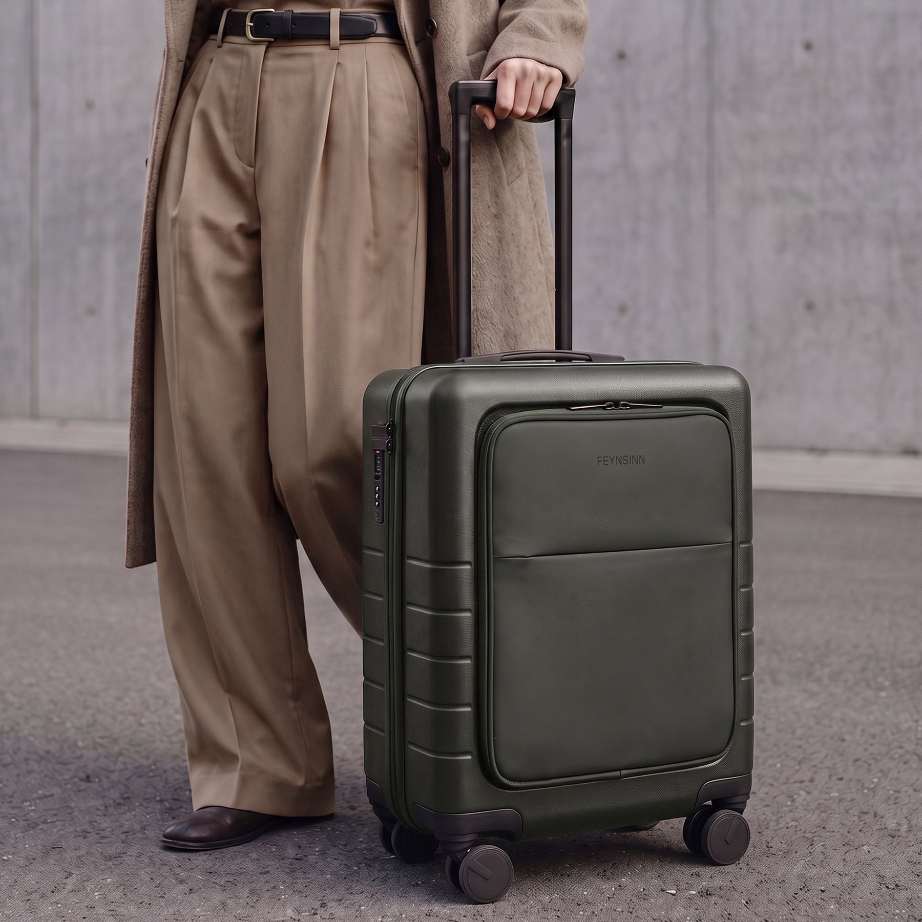 FEYNSINN carry-on suitcase RYKER with front compartment black beige olive travel suitcase cabin trolley hard shell 4 wheels