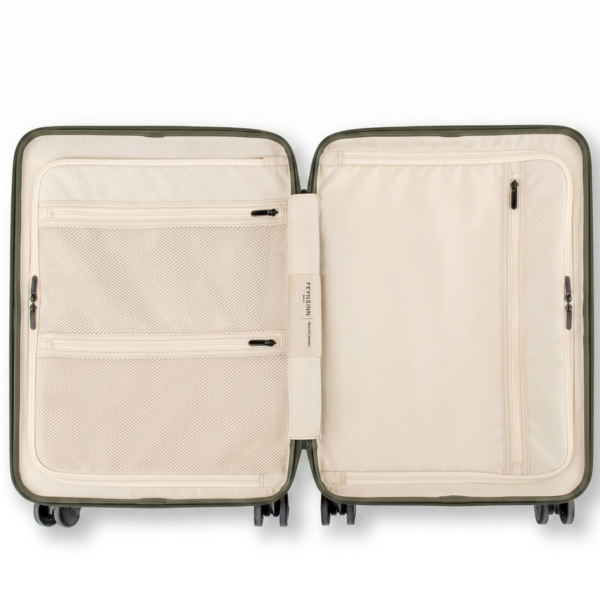 FEYNSINN Handgepäck-Koffer RYKER mit Frontfach schwarz beige olive Reisekoffer Kabinen-Trolley Hartschale 4 Rollen Innen