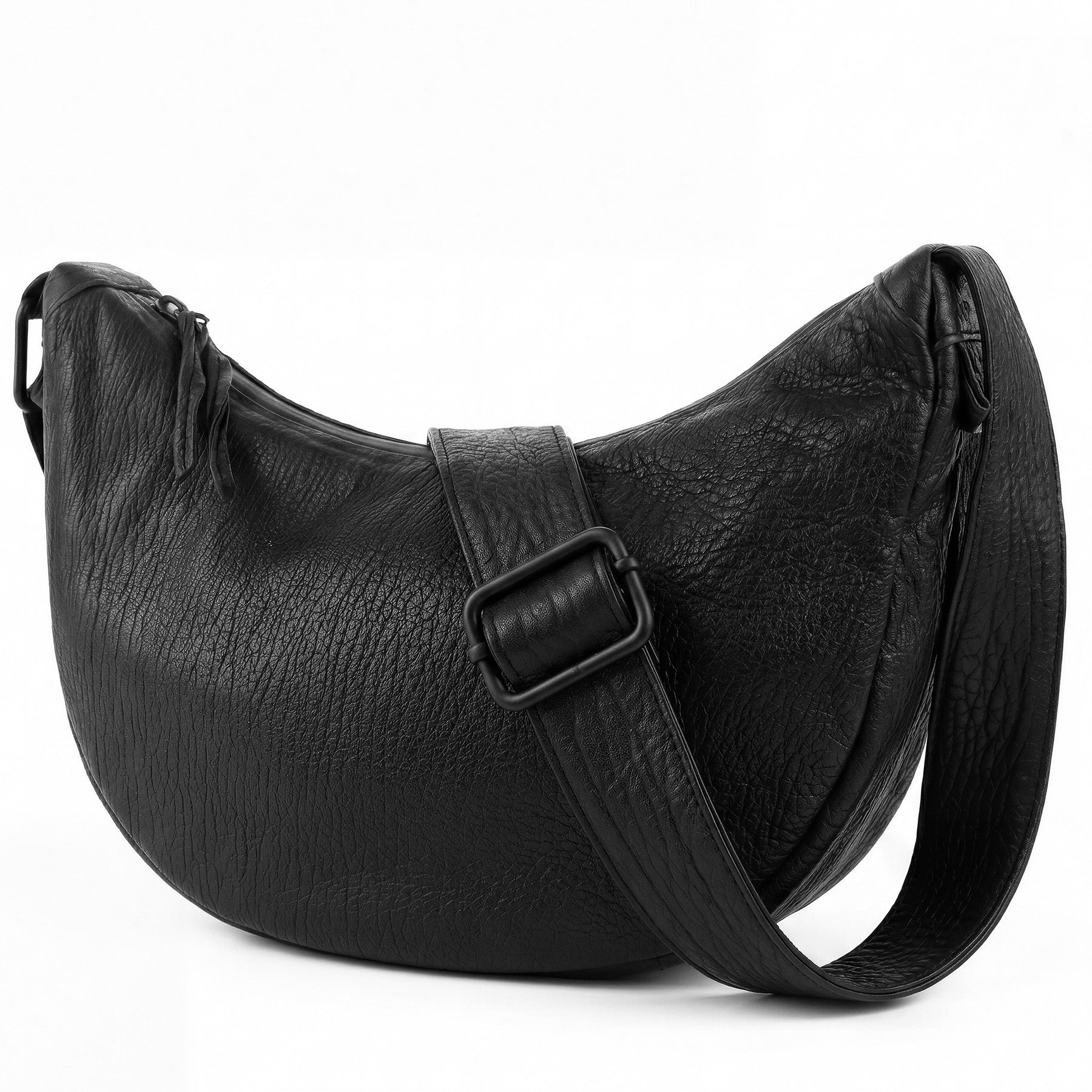 Schultertasche Umhängetasche Moonbag Leder strukturiert schwarz seitlich
