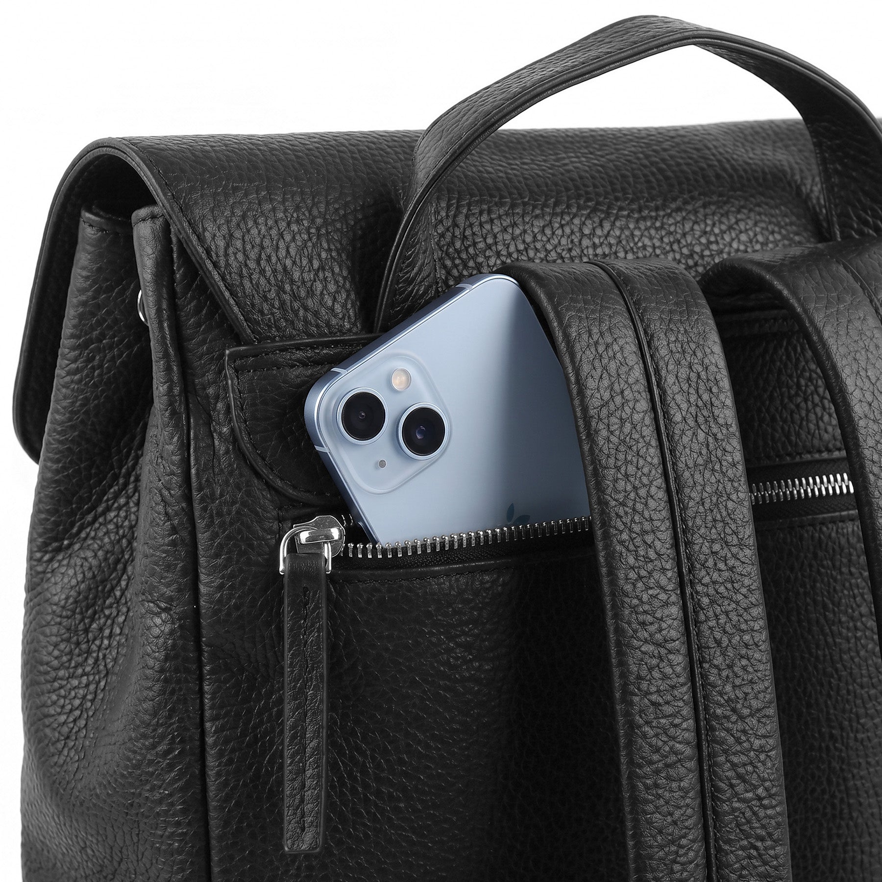 Rucksack Leder schwarz ALVA Detailbild Reißverschlussfach