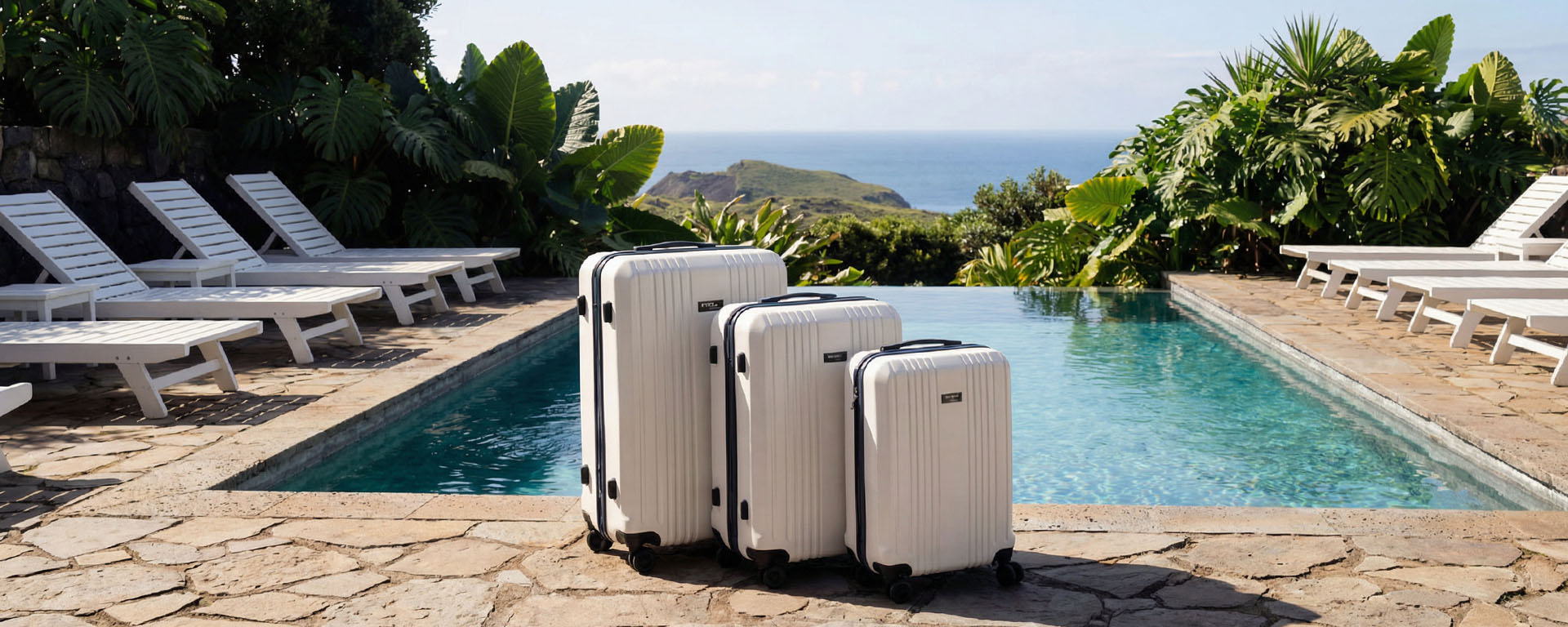 Weißes Kofferset am Pool auf den Azoren im Urlaub