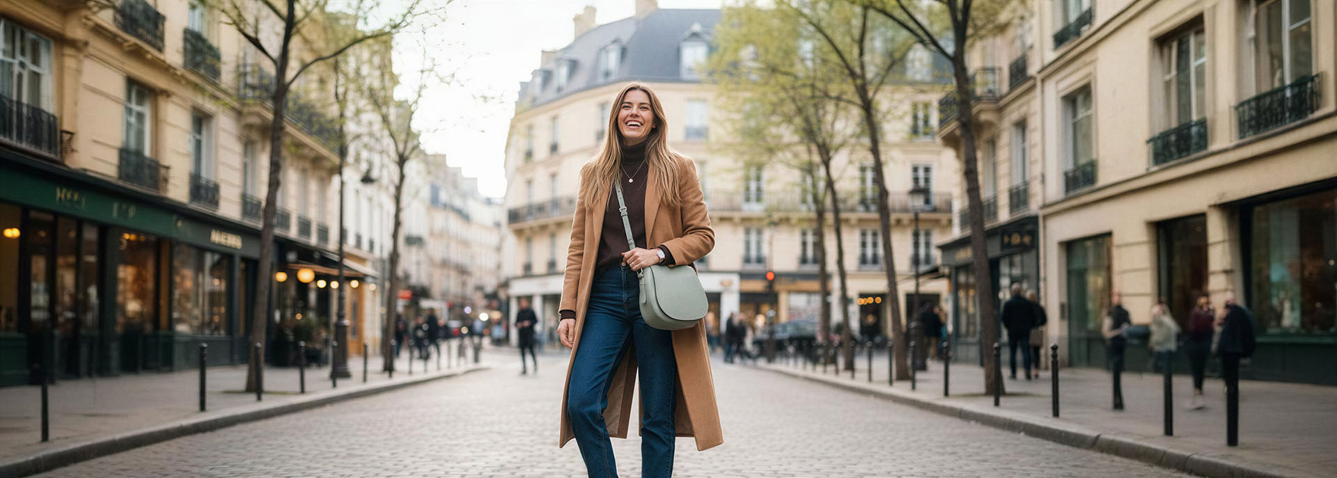 Leder Schultertasche in Salbei an Frau in der Stadt