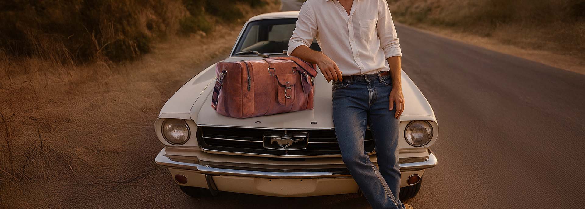 Reisetasche für Herren XL auf Auto mit Mann daneben