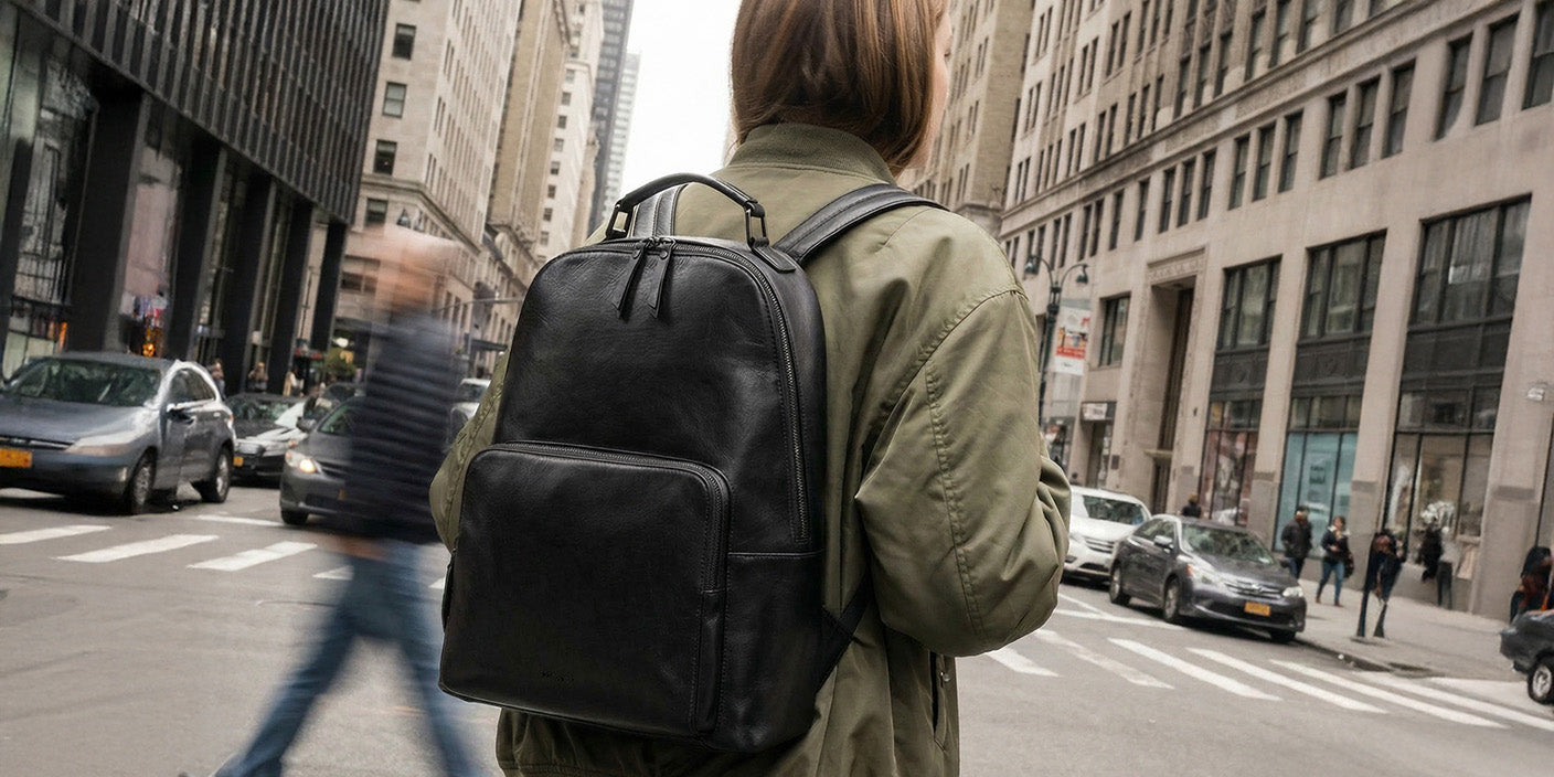 Frau mit olivfarbener Bomberjacke und schwarzen Leder Rucksack in der Stadt