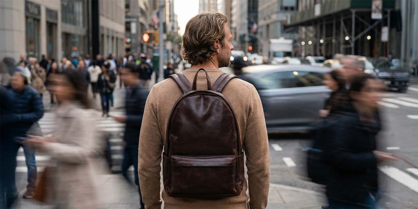 Mann mit braunem Rucksack auf Schultern in der Stadt