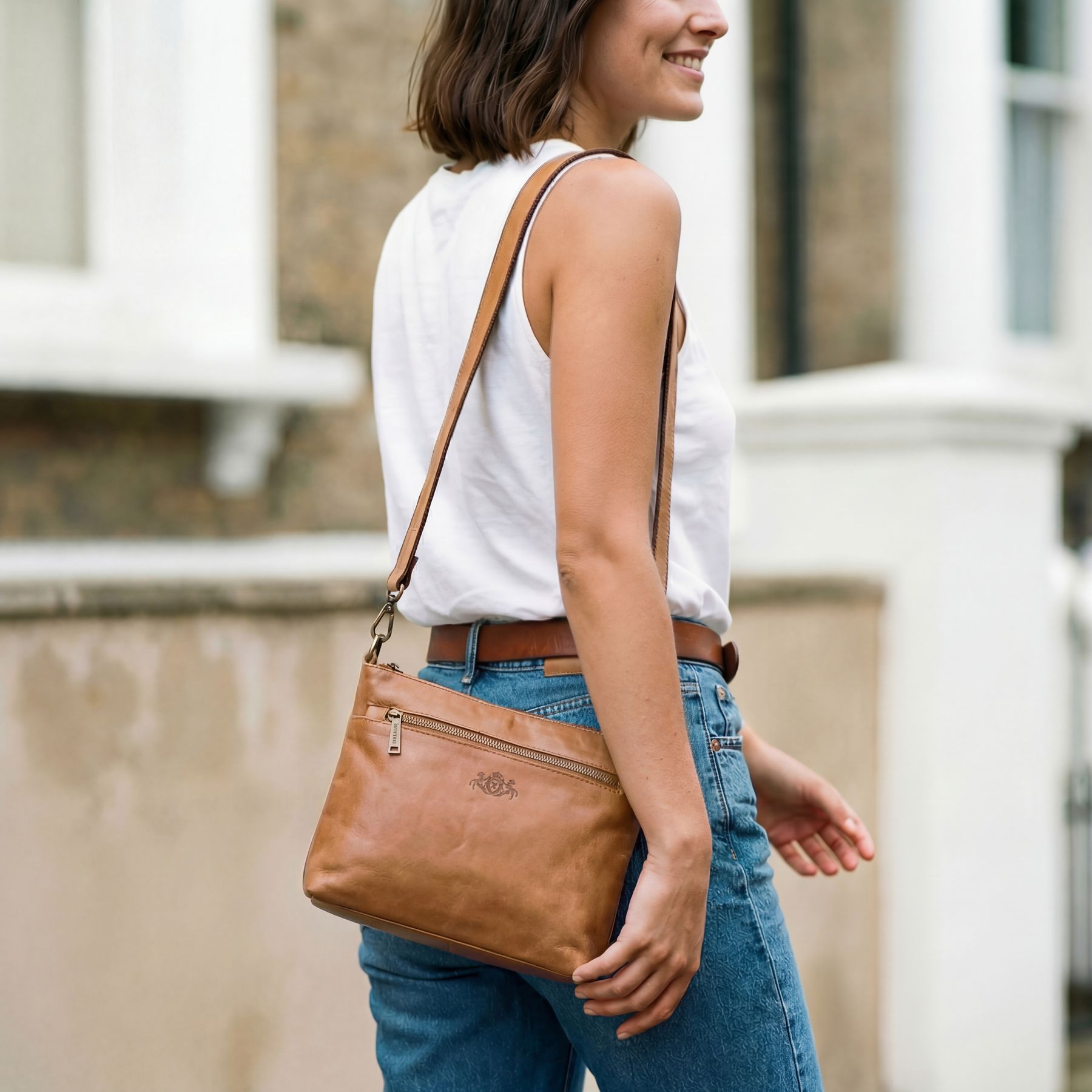 SID & VAIN Crossbody echt Leder Umhängetasche Damen Handtasche hellbraun Ledertasche SAGE 50550