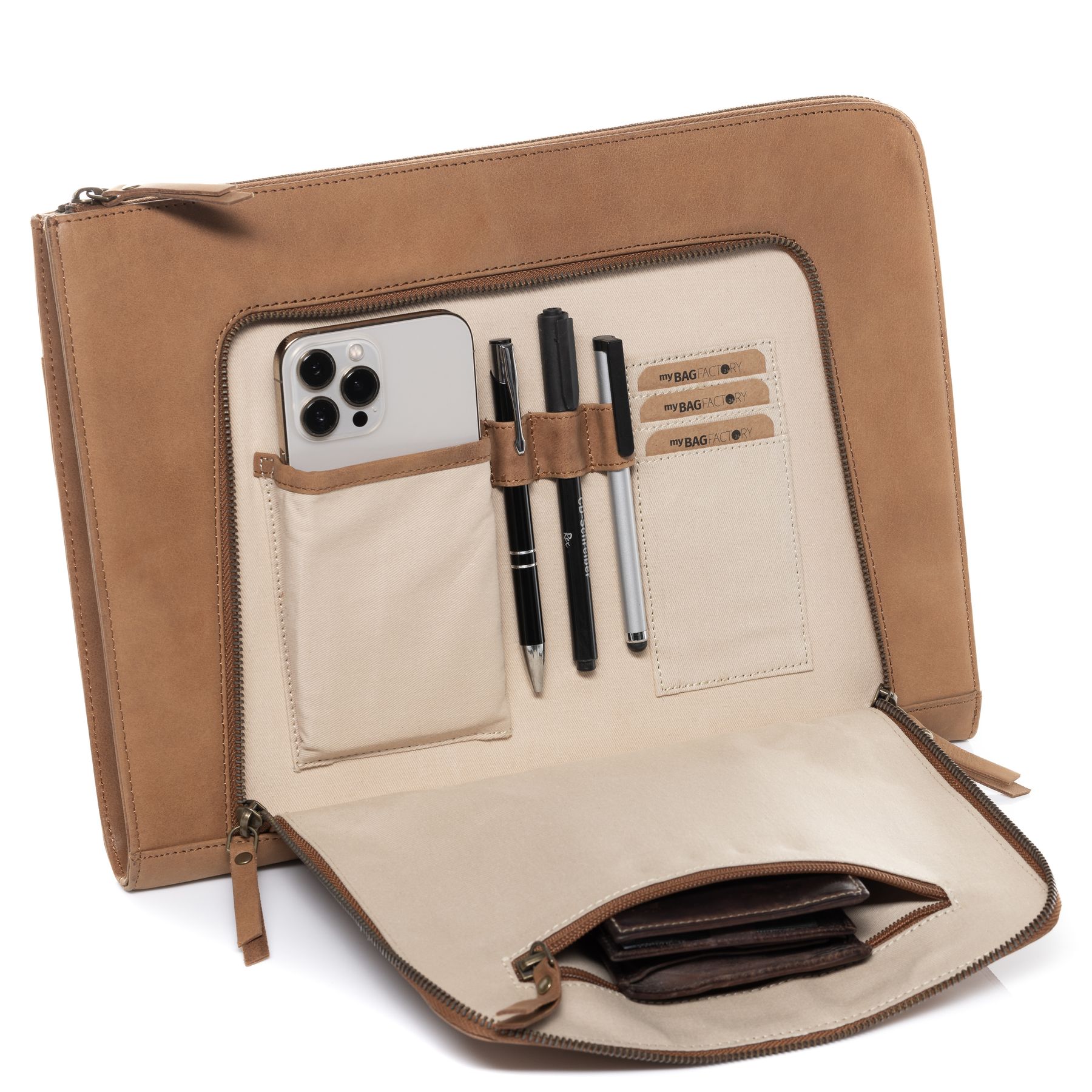 SID & VAIN Laptop-Hülle Leder CHELSEA beige braun Laptoptasche Zip 36607