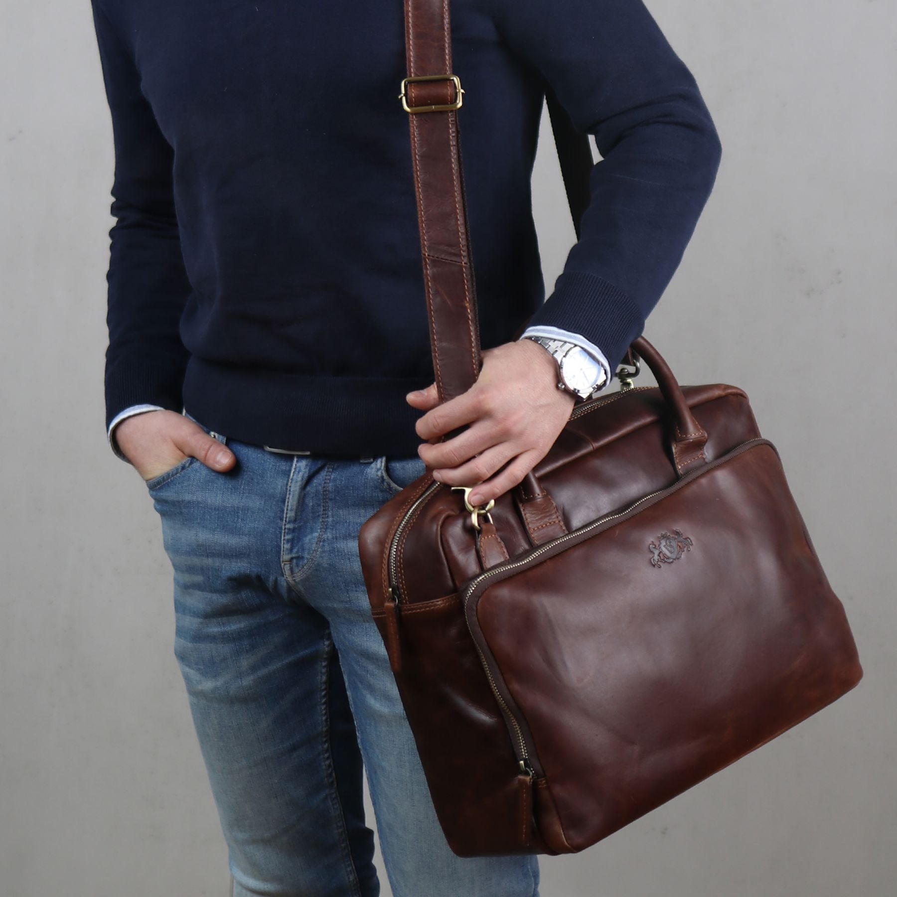 SID & VAIN Laptoptasche Leder XXL RYAN braun-cognac 32945