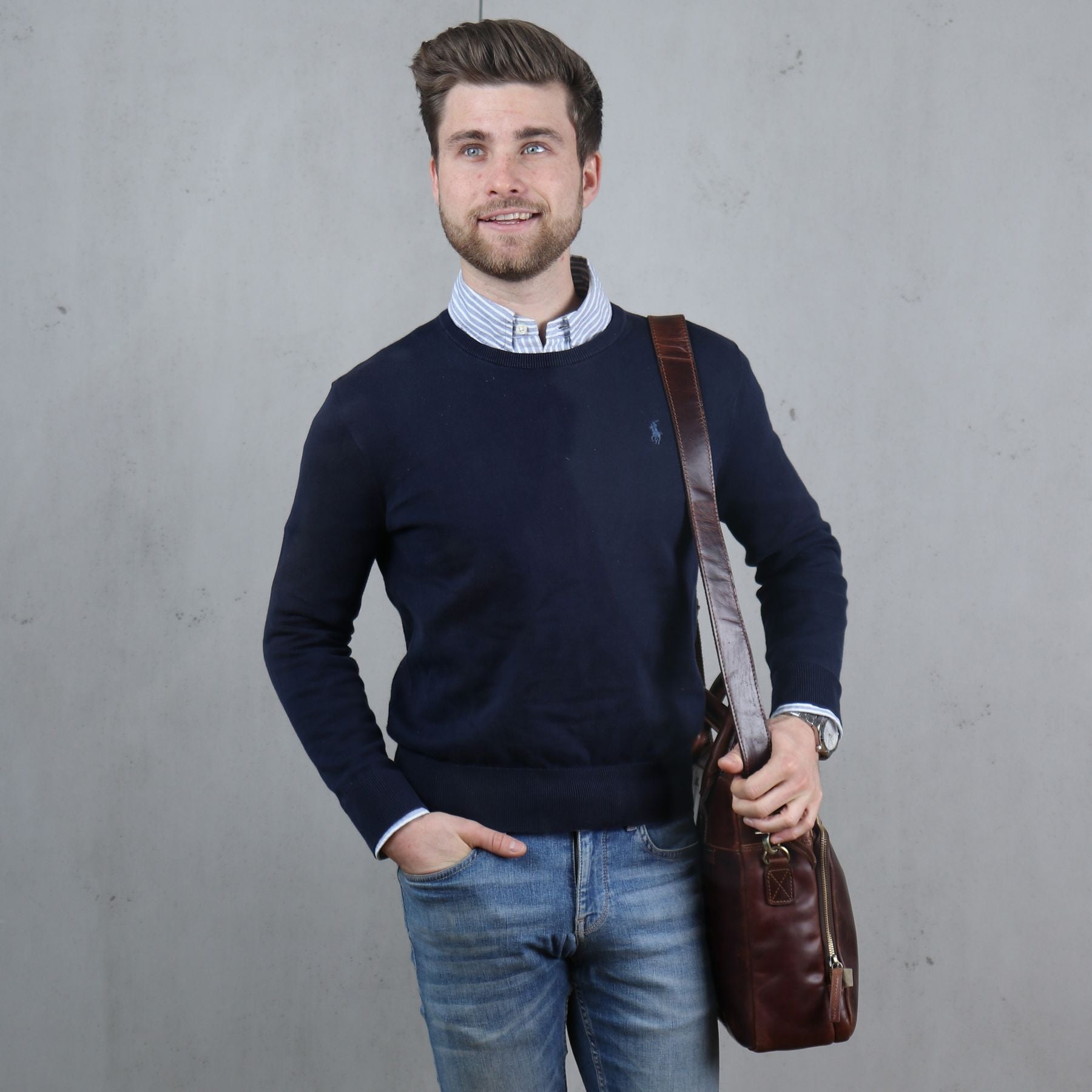 SID & VAIN Laptoptasche Leder XL RYAN braun-cognac 33039