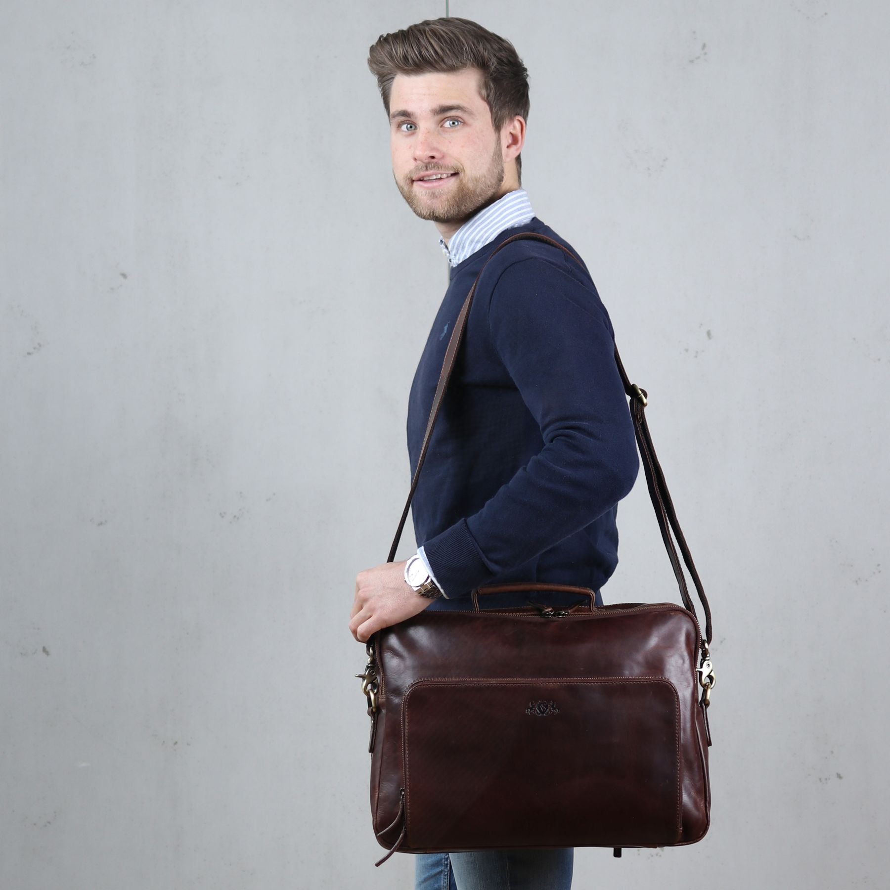 SID & VAIN Laptoptasche Leder XL SIMON braun 33055