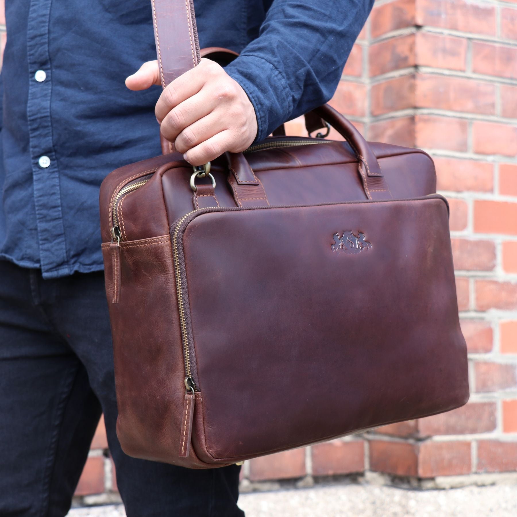 SID & VAIN Laptoptasche Leder XXL RYAN braun-cognac 19315