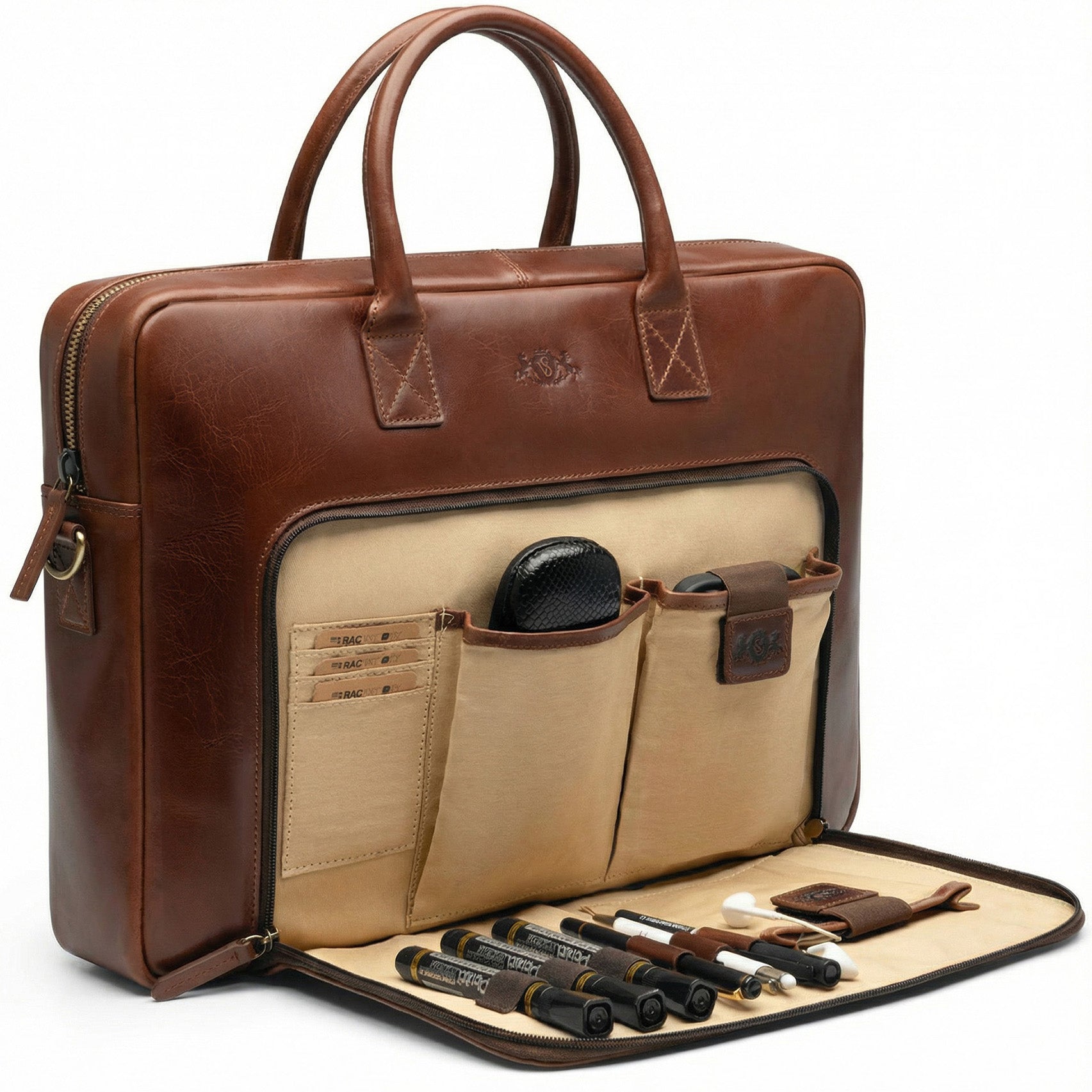 SID & VAIN Briefcase with Front Pocket HARVEY Leather Brown Black