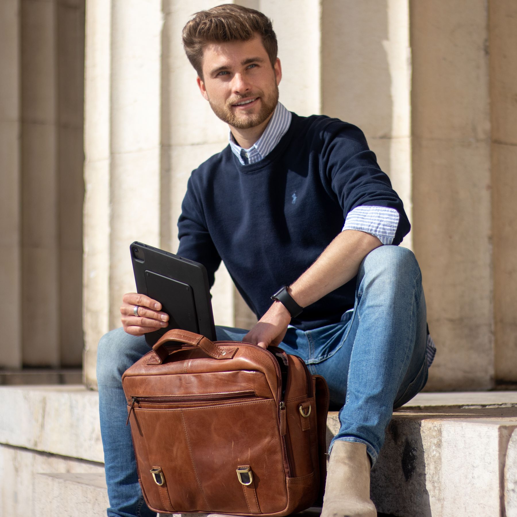 SID & VAIN Laptoptasche Lehrertasche Leder XL SPECTOR light-brown 28900