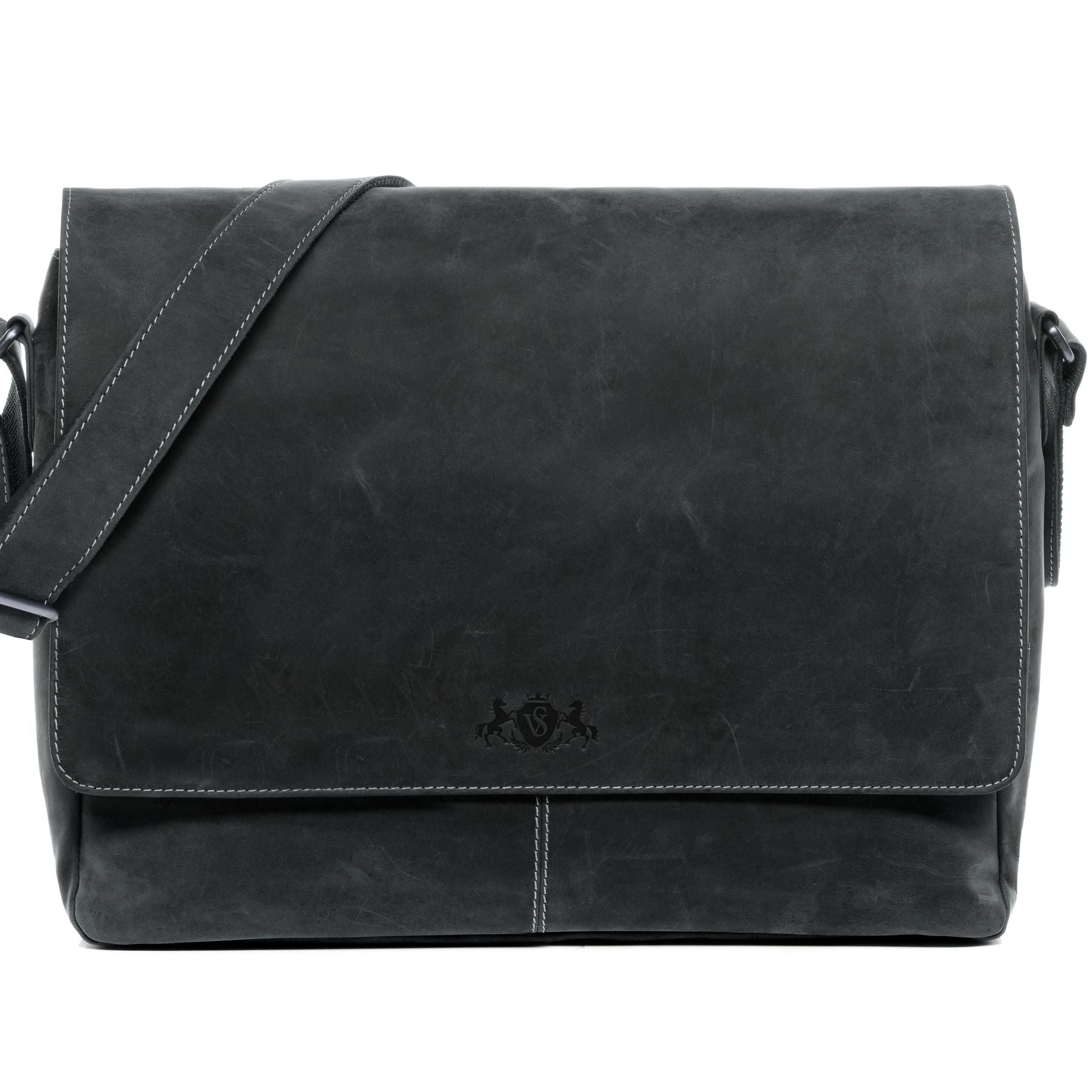 SID & VAIN Laptoptasche Leder Messenger Bag Leder SPENCER greyish-schwarz 15119
