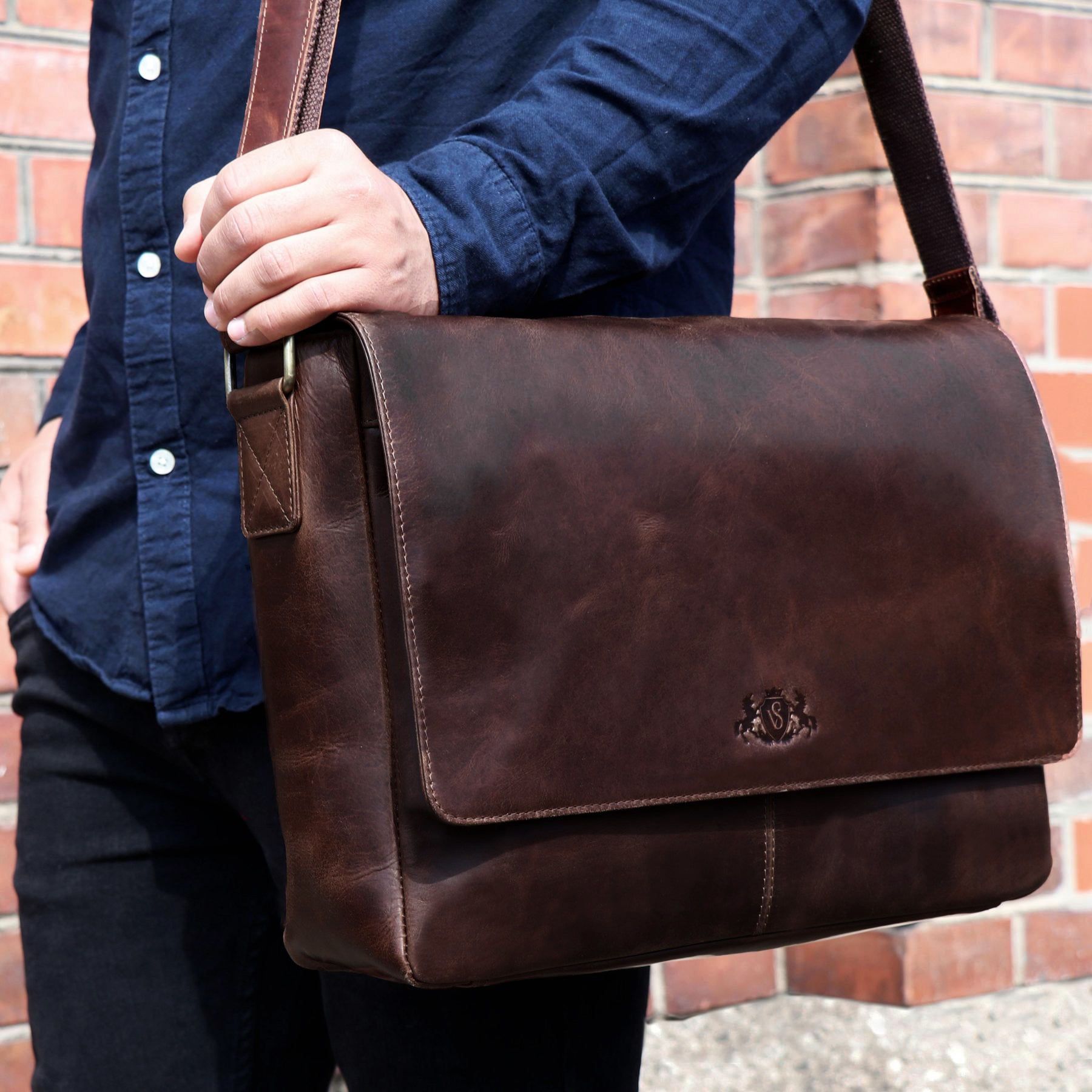 SID & VAIN Laptoptasche Leder Messenger Bag Leder SPENCER braun-cognac 27910
