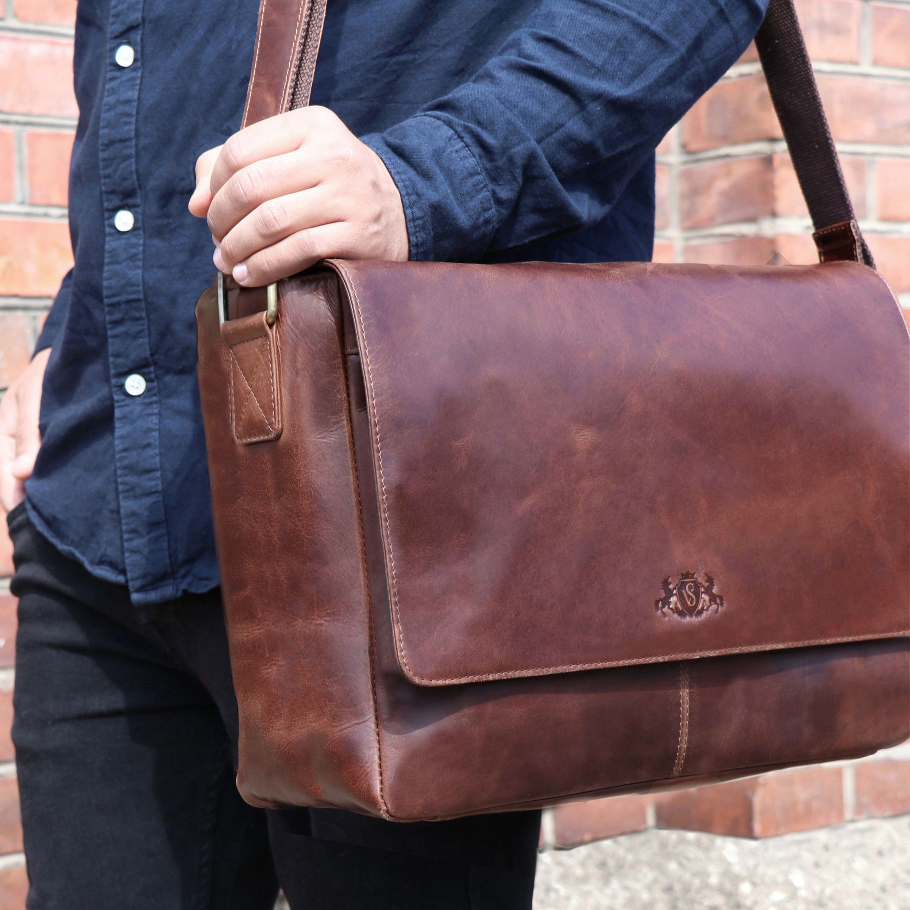 SID & VAIN Laptoptasche Leder Messenger Bag Leder XL SPENCER braun-cognac 16135
