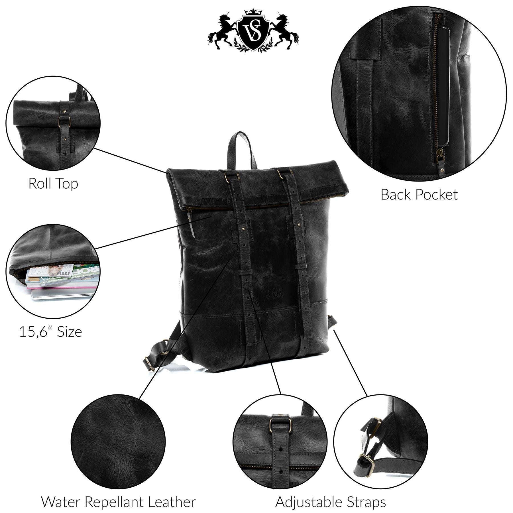 SID & VAIN Rucksack Leder XXL CHAZ schwarz-vintage 23527