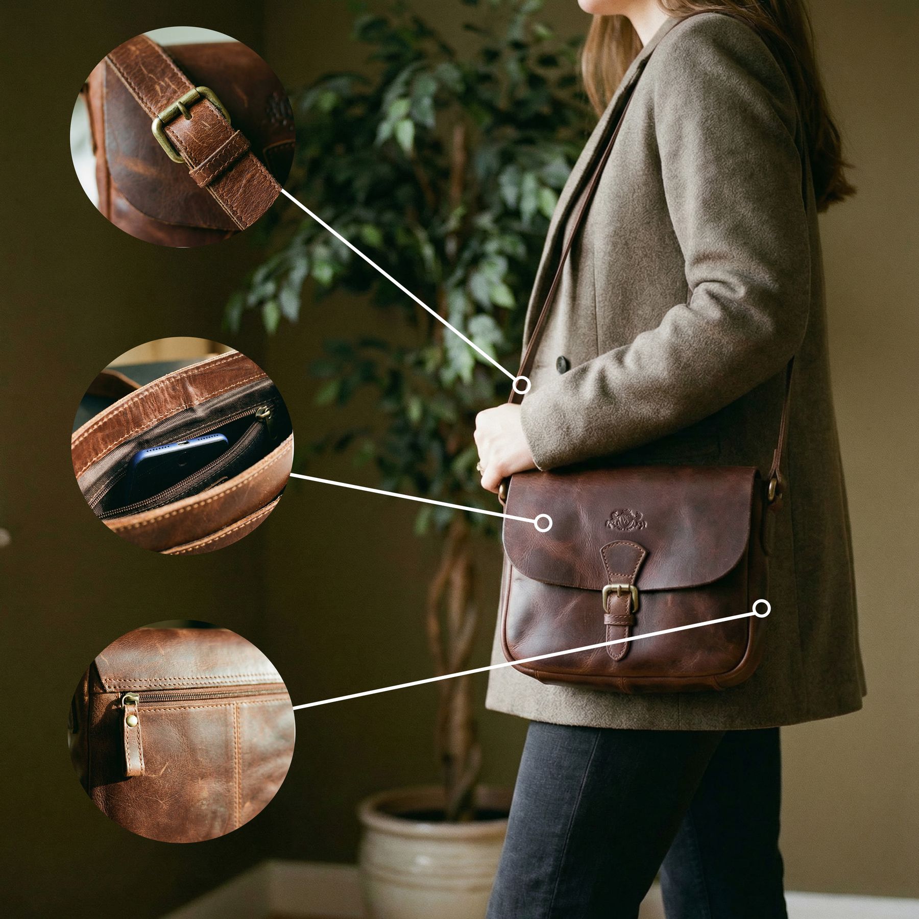 SID & VAIN Schultertasche YALE braun-cognac Features